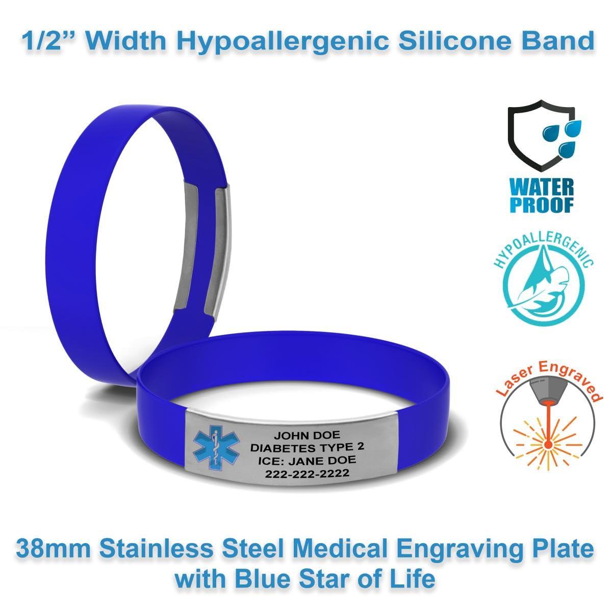 Universal Medical Data MedicBand Medical ID Bracelets for Men and Women. Incl. 4 Lines Custom Engraving, Emergency Medical Information Card, Complimentary Access PHR (Personal Health Record) - Royal Blue