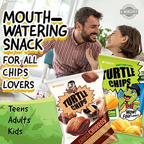 K-Munchies K-Munchies Orion Turtle Chips - 6 Variety Packs, 49g - Churro Chips (3), and Sweet Corn Chips (3) Flavors - Snack Size Korean Chips - Savory, Crispy Korean Snacks - On-The-Go Korean Corn Snack Chips