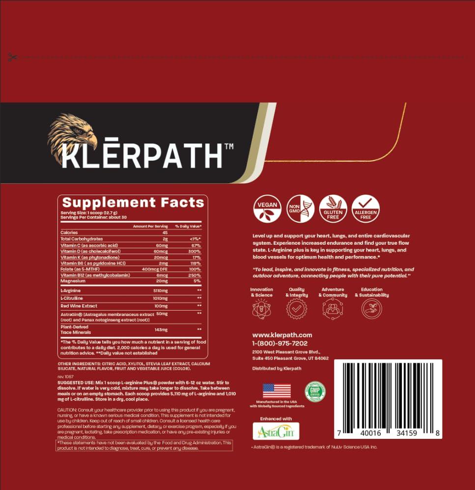 Klrpth Klrpth L-arginine Plus - Raspberry, 30 servings, L-arginine Supplement with 5110mg L-arginine, 1010mg L-citrulline, 100mg Red Wine Exract