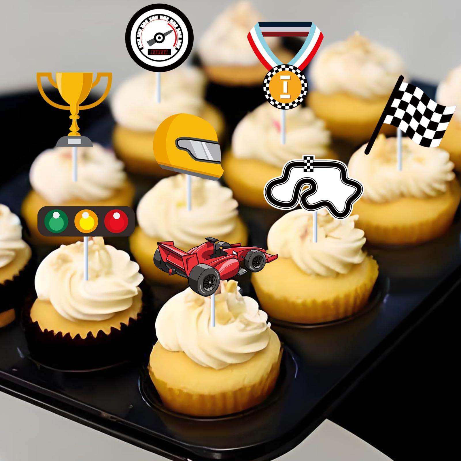 HYYHXFS 36Pcs Racing Car Cupcake Toppers Racing Car Happy Birthday Cake Party Decorations Checkered Track Trophy Two Fast Fast One Cupcake Picks Kids Boy Girl Birthday Party Supplies