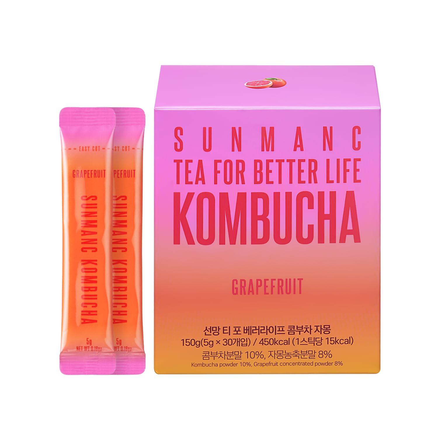 SUNMANC SUNMANC Kombucha 30 packets, Sparkling Probiotic Fermented Drink, Convenient Powdered Drink Mix, Tea Powder, Low Calories, Sugar 0g, Low Caffeine (Grapefruit)