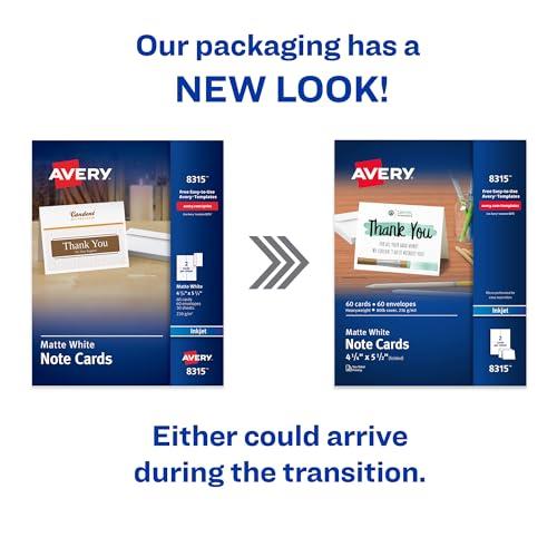 AVERY Avery Printable Note Cards with Envelopes, 4.25\" x 5.5\", Matte White, 60 Blank Note Cards for Inkjet Printers (08315)