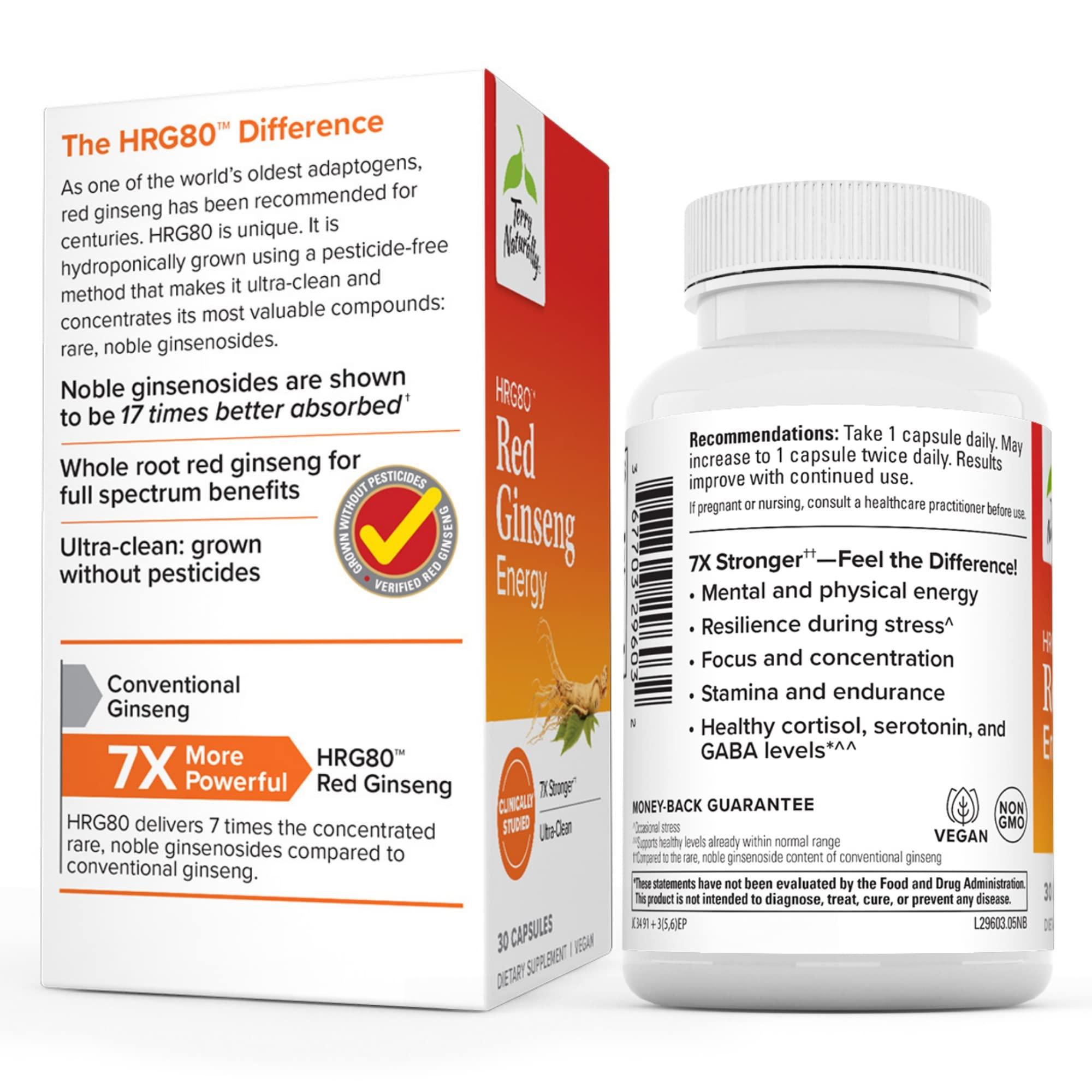 Terry Naturally Terry Naturally HRG80 Red Ginseng Energy - 30 Capsules - Red Ginseng Root Powder, Panax Ginseng, HRG80 - Non-GMO, Vegan, Gluten Free 30 Servings