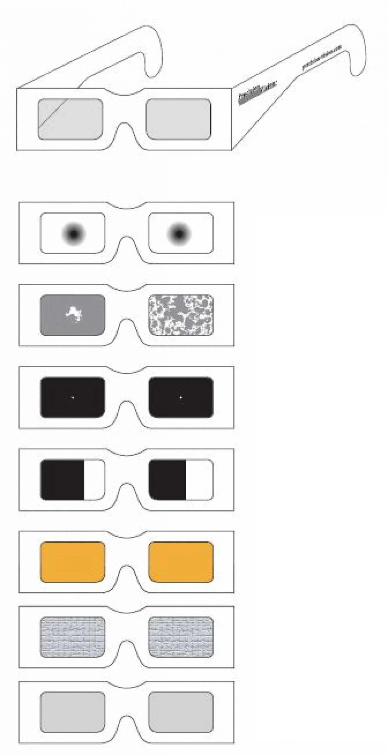 Precision Vision Simulator Glasses Kit made of Heavy Paperboard, 7 Glasses for Common Vision Problems: Central Loss, CMV Retinitis, Peripheral Loss, Hemianopia, Color, Overall Blur, Diabetic Retinopathy