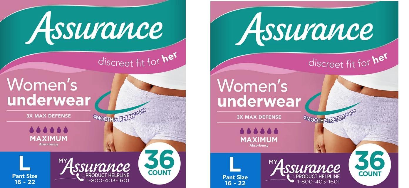 Assurance Generic 2 Packs -Assurance Women\'s Incontinence & Postpartum Underwear, L, Maximum Absorbency (36 Count) - Total 72ct, Large, White