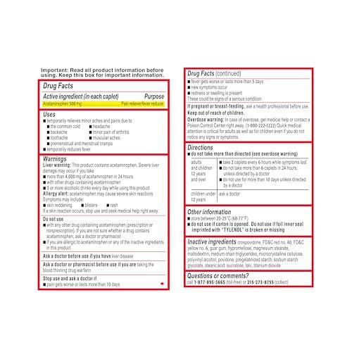 Tylenol Tylenol Extra Strength Easy to Swallow Acetaminophen, Pain Reliever & Fever Reducer Coated Caplets for Adults with Gentleglide Technology, 500 mg Extra Strength Acetaminophen, 100 ct