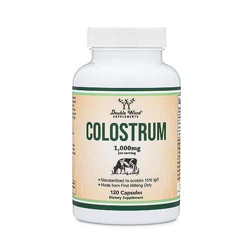 Double Wood Supplements Colostrum Supplement 120 Capsules, 1,000mg per Serving (Bovine Colostrum Powder from First Milking Only, Std. to Contain 15% IgG Immunoglobulins) No Fillers, Third Party Tested by Double Wood