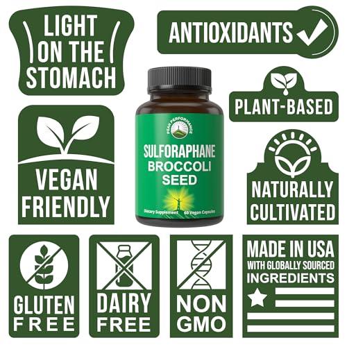 Peak Performance Sulforaphane Supplement 20mg + Broccoli Seed Extract Vegan Capsules. Activated and Stabilized Sulforaphane From Broccoli Sprouts + Broccoli Seed. Complete Antioxidant. Non-GMO, Gluten Free.