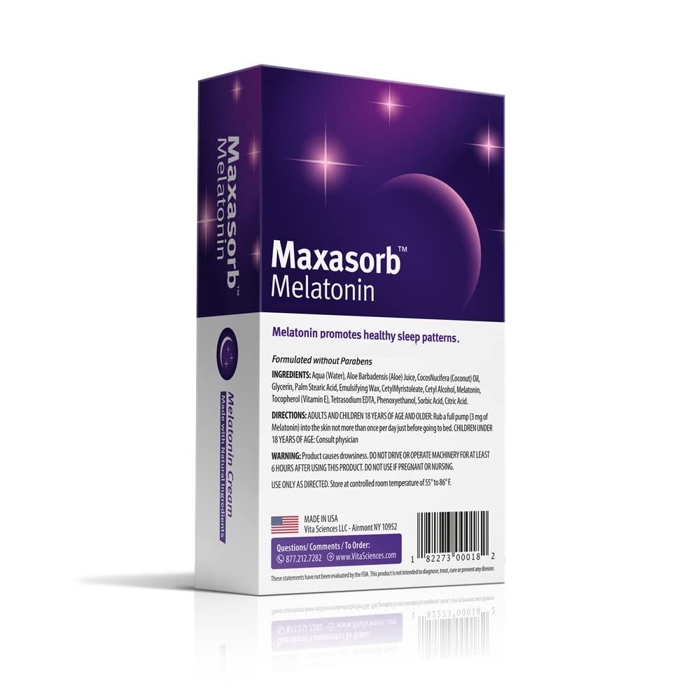 Vita Sciences Vita Sciences Maxasorb Melatonin Cream for Sleep Rich Melatonin 3mg - Melatonin Night Cream - Unscented Melatonin 3 Mg. Topical Melatonin Lotion Can Be Used For Face and Body