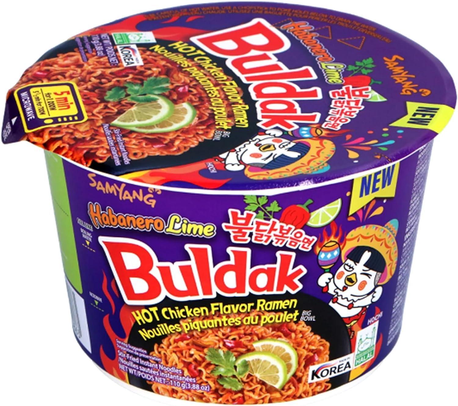 Vmart Vmart Buldak Noodles Hot Chicken Flavour Ramen Habanero Lime Big Bowl Cup 110g Instant Korean Food Snacks (Pack of 16)