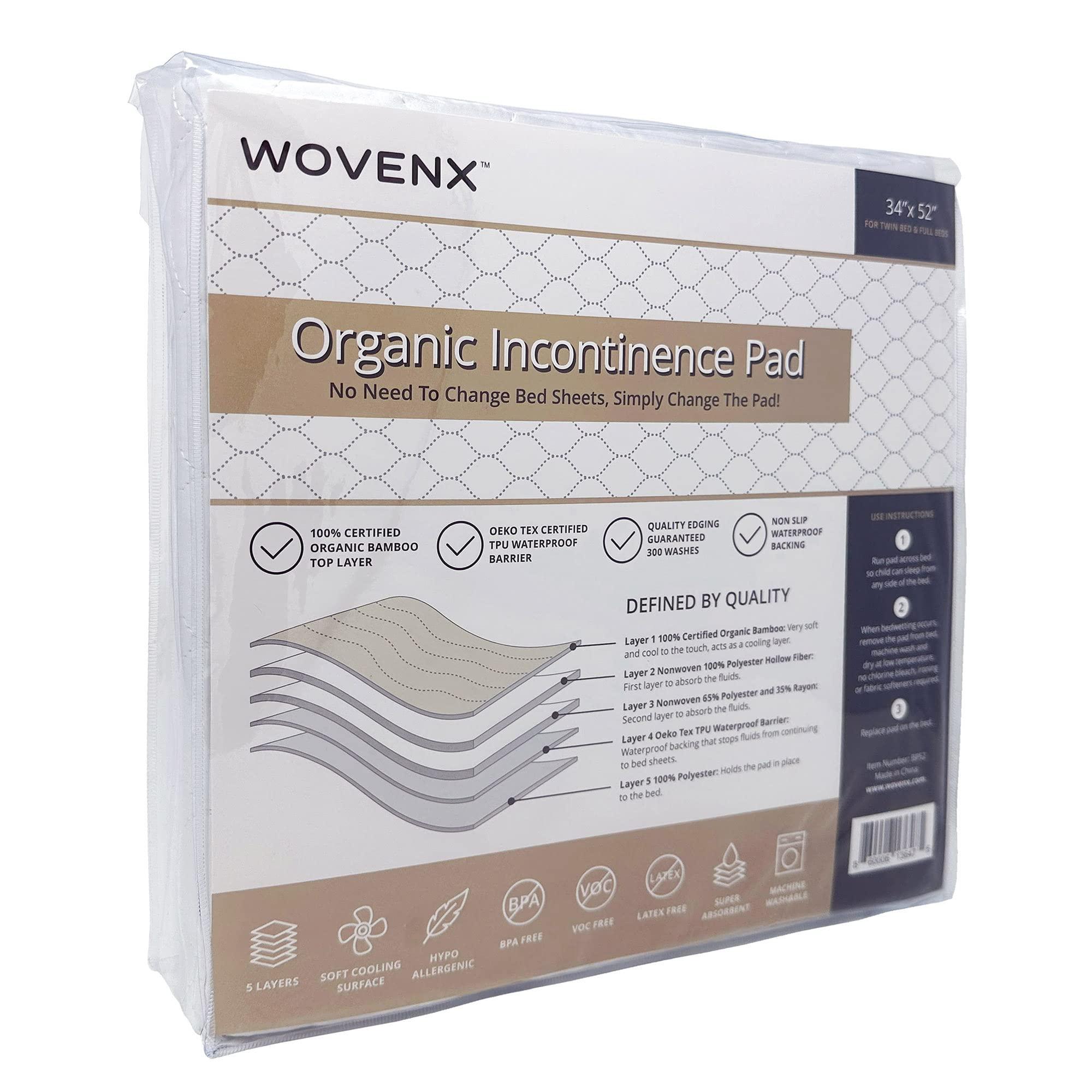 wovenx WOVENX Organic Incontinence Pads for Kids & Toddlers - 5 Layer Waterproof Protectors for Overnight Bed Wetting - Reusable & Washable Pee Pads - Fits Twin to Full Size Beds - 34\" x 52\" White