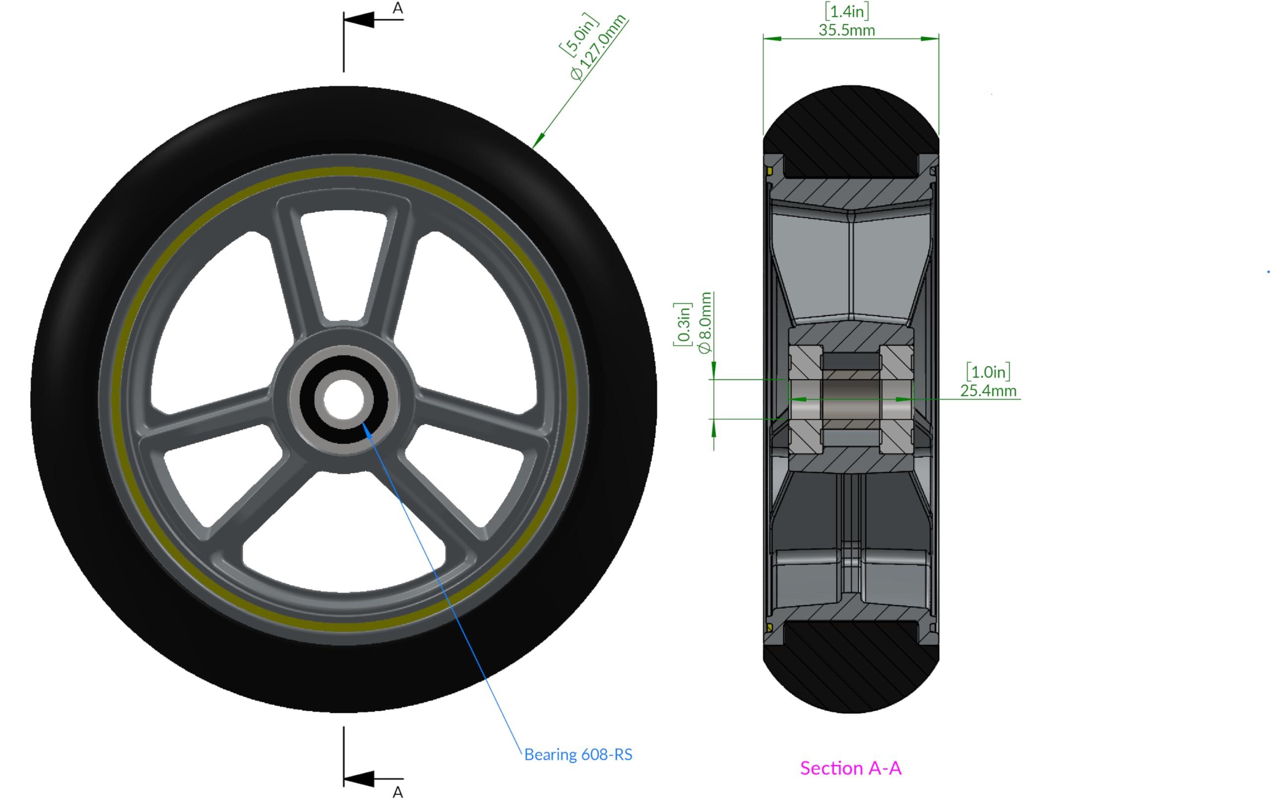 RIANT WHEEL RIANT WHEEL, W534, 5 X 1.4 inch, Solid, PU Wheels, Wheelchair Casters, Nylon Rim, one Pair (Pink)