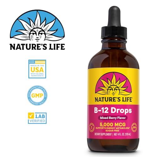 Nature's Life NATURE\'S LIFE B12 Drops 5000 mcg - Vitamin B12 Methylcobalamin - Liquid B12 Supplement for Energy Metabolism, Nerve Function and Red Blood Cell Support  Natural Mixed Berry, Sugar Free, 200 Serv, 4oz