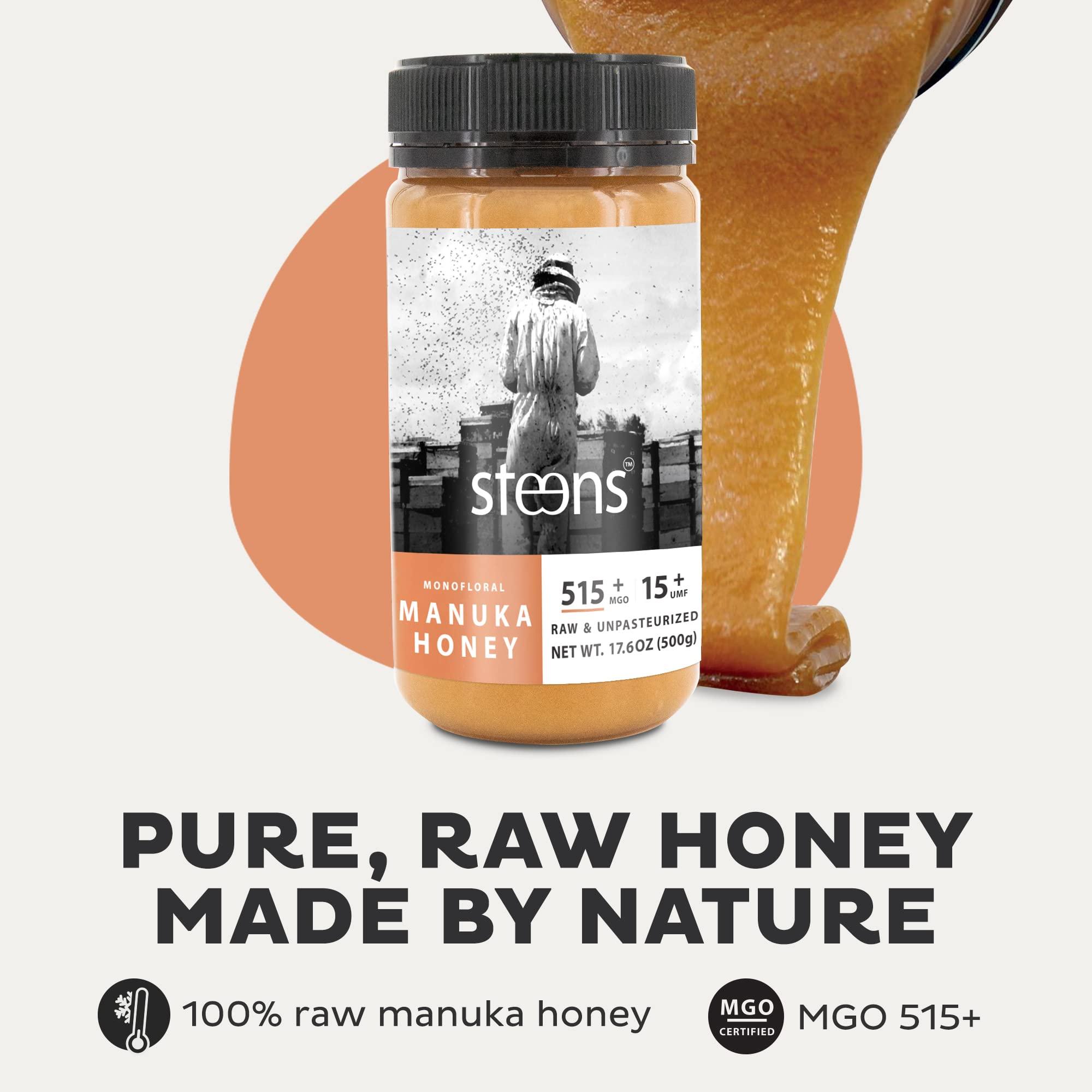 Steens Steens Manuka Honey - MGO 515+ - Pure & Raw 100% Certified UMF 15+ Manuka Honey - Bottled and Sealed in New Zealand - 17.6 oz