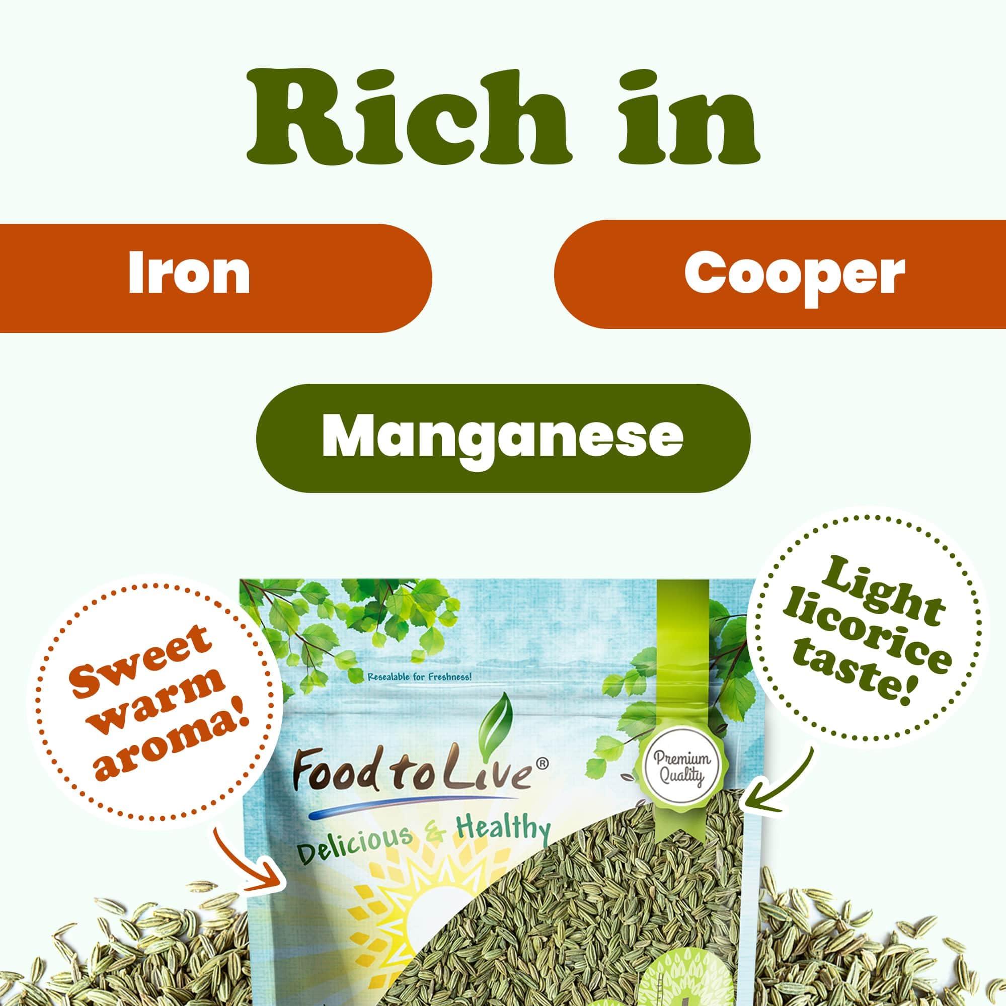 Food to Live Food to Live Fennel Seeds, 1 Pound Whole Raw Seeds, Non-Irradiated, Kosher, Vegan, Bulk. Sweet Licorice Flavor. High in Dietary Fiber. Great for Fennel Tea