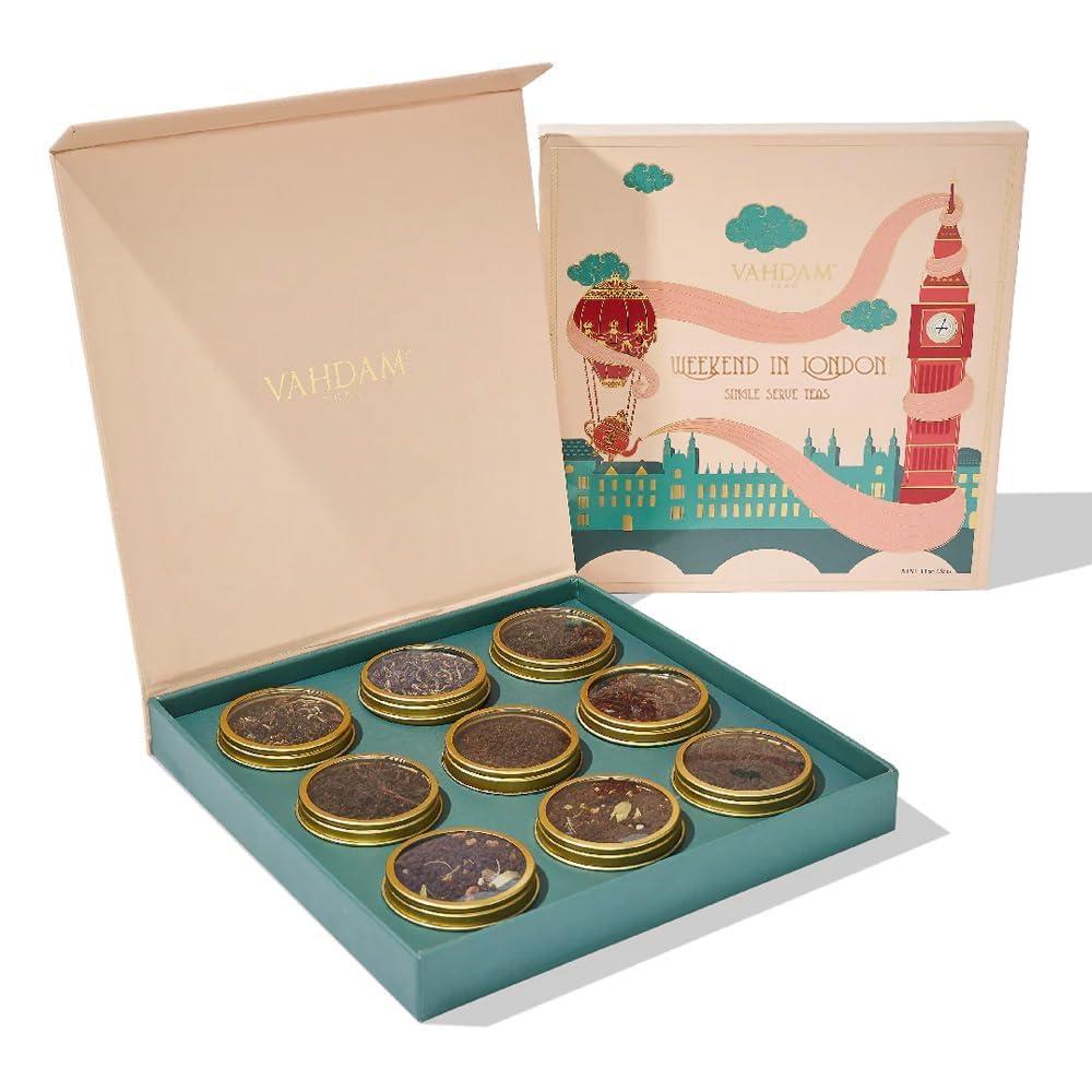 VAHDAM VAHDAM, Weekend in London Valentines Day Tea Gift Set - 9 Loose Teas | Tin Caddy Travel Edition Gift Box | Valentines Day 2025 Gift Ideas for Women & Men | Gluten Free, Non GMO