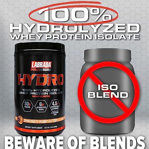 Labrada LABRADA HYDRO 100% Pure Hydrolyzed Whey Protein Isolate Powder, Lactose free, 6g BCAAs, 4.5g Glutamine, Fastest Digesting Whey Available, Instant Mixing, Delicious Taste 20 Servings Choc PeanutButter