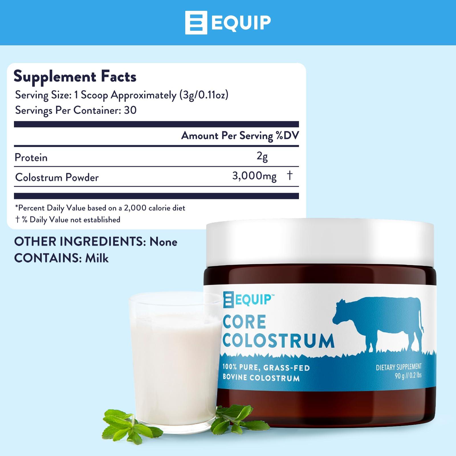Equip Equip Foods Core Colostrum | Grass Fed Colostrum Powder 3,000mg | Gut Health, Immunity, Recovery | Lactoferrin Supplements | Keto Friendly Colostrum Supplement | 30 Servings, Unflavored