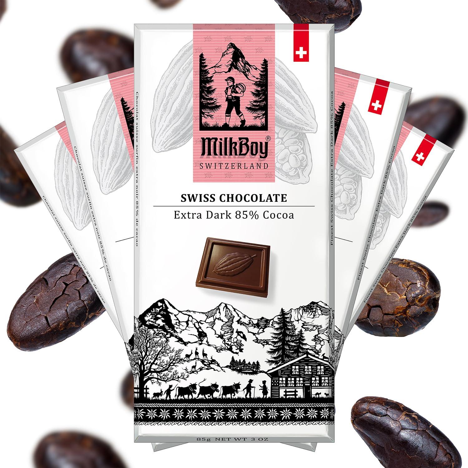 Milkboy Swiss Chocolates Milkboy Swiss Extra Dark Chocolates - 85% Cocoa, Made in Switzerland, Dairy Free, Vegan, Gluten-Free, Non-GMO, Kosher, Sustainably Farmed, European Chocolate - 3 oz, Pack 5