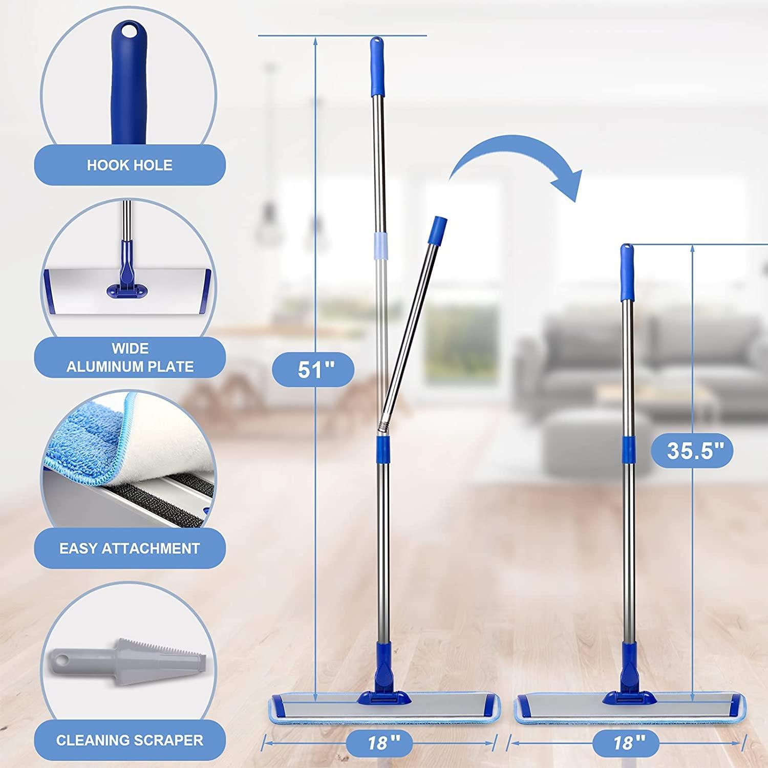 Bryquelin 18\" Professional Microfiber Mop Floor Cleaning mop, Flat Mop with Stainless Steel Handle,2 Reusable Washable Mop Pads and mop Pads Brush,Microfiber Mop for Hardwood, Laminate (Blue)