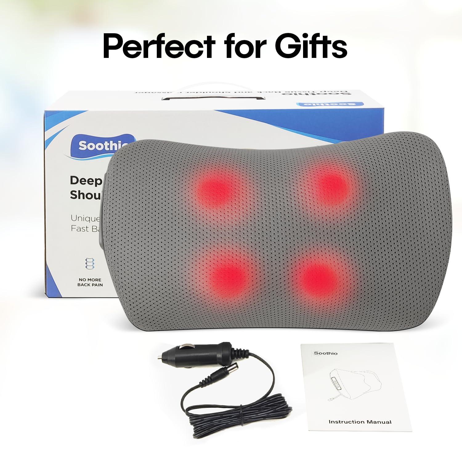 Soothio Back Massager for Pain Relief Deep Tissue, with Heat, New Shiatsu 4D Motion, Strong Motor for Tough Backs, Car Charger, Very Effective for Lower Back Pain Relief, Neck, Shoulder