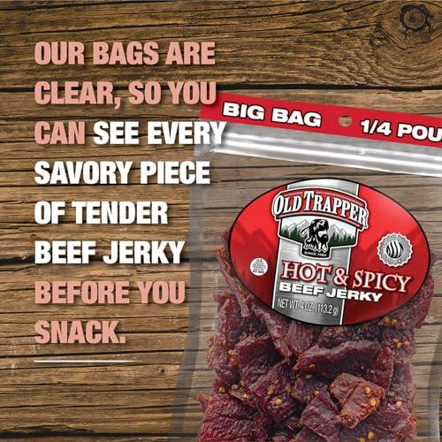 Old Trapper Old Trapper Beef Jerky, Hot & Spicy 1/4-Pound Individual Package, Savory and Spicy Meat Snacks for Lunches or Between Meals, 11 Grams of Protein and 70 Calories per Serving (Pack of 8)