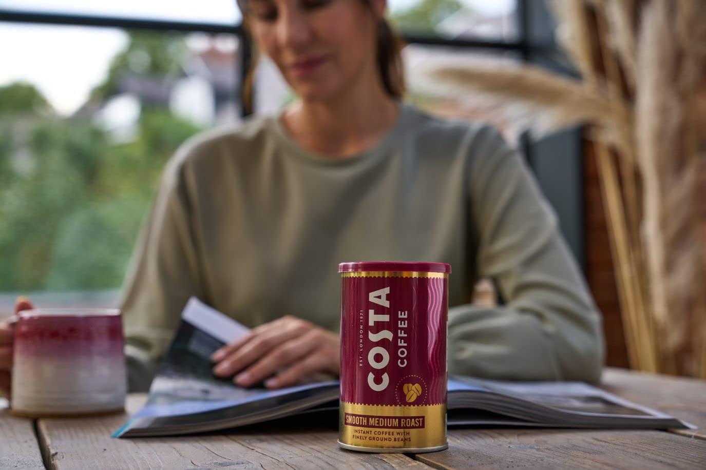 Costa Costa Coffee Smooth Medium Roast Instant Coffee with Finely Ground Beans Tin, 6 x 100g, COS-MG-UK-5001