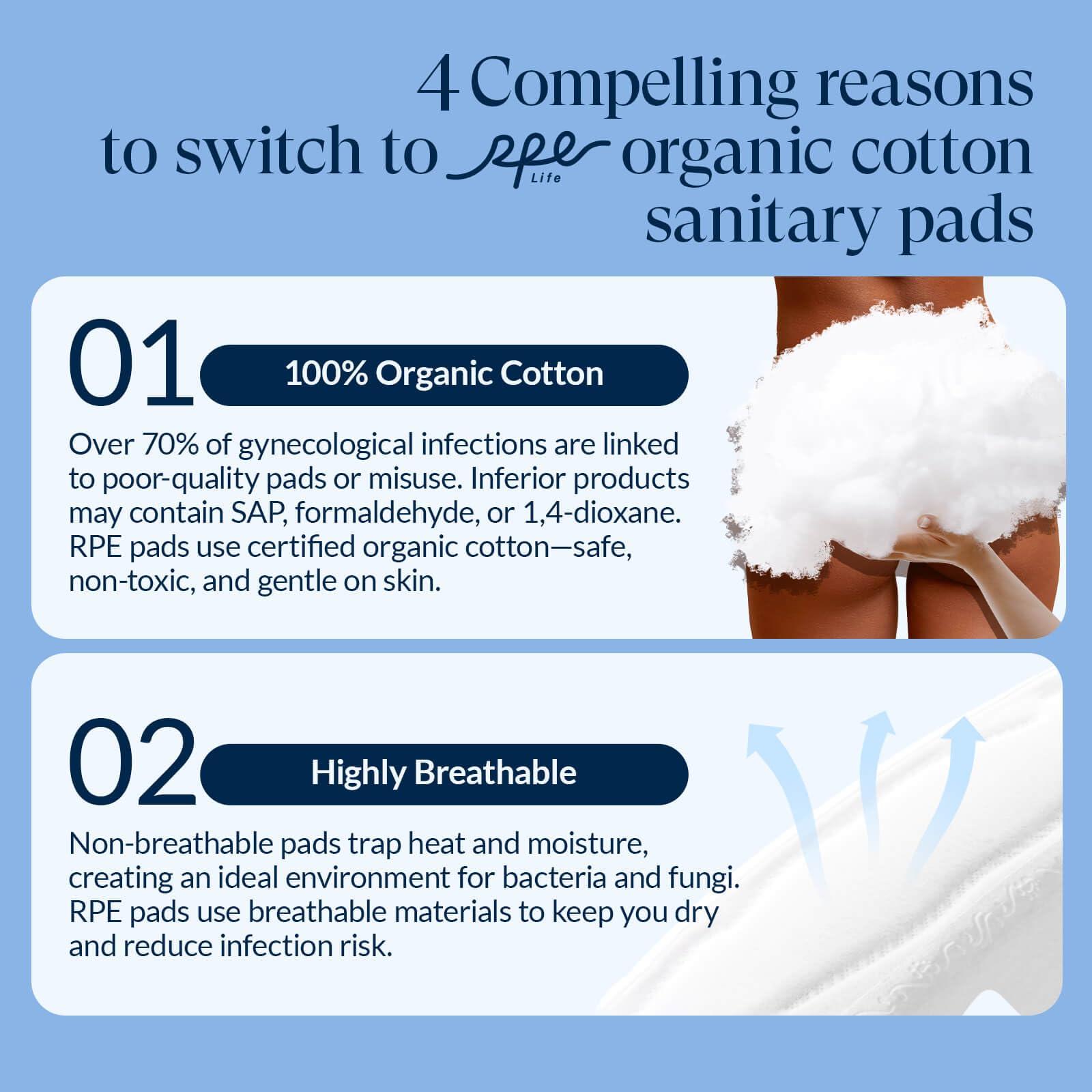 RPE Life 100% Organic Overnight Pads for Women, Ultra Thin Extra Heavy Flow Sanitary Pads with Wings Cotton Menstrual Pads Extra Coverage Period Pads Super Absorbency Feminine Pads (Overnight, Size 5, 72 Ct)