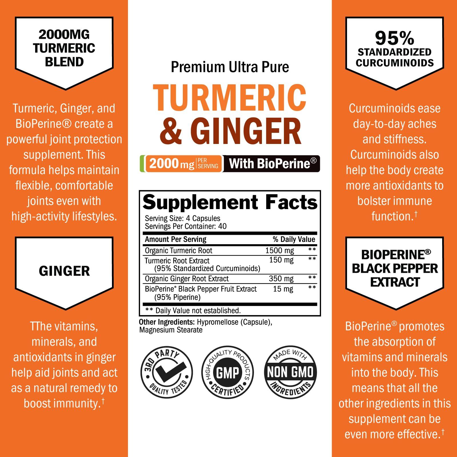 BioSchwartz Turmeric and Ginger Supplement with BioPerine - 2000mg High Absorption, 95% Curcuminoids - Non-GMO, Gluten-Free Turmeric Supplement for Joint and Immune Support - 160 Capsules
