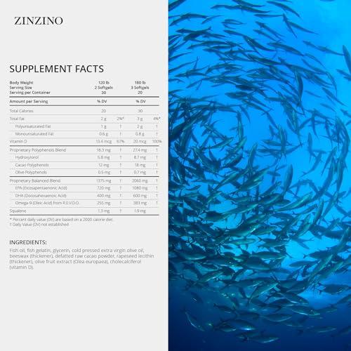 ZINZINO Zinzino - Essent+ Premium, Advanced Polyphenol Omega Balance with Fish Oil, Glycerin, Cold-Pressed Extra Virgin Olive Oil, Vitamin D - 60 Softgels