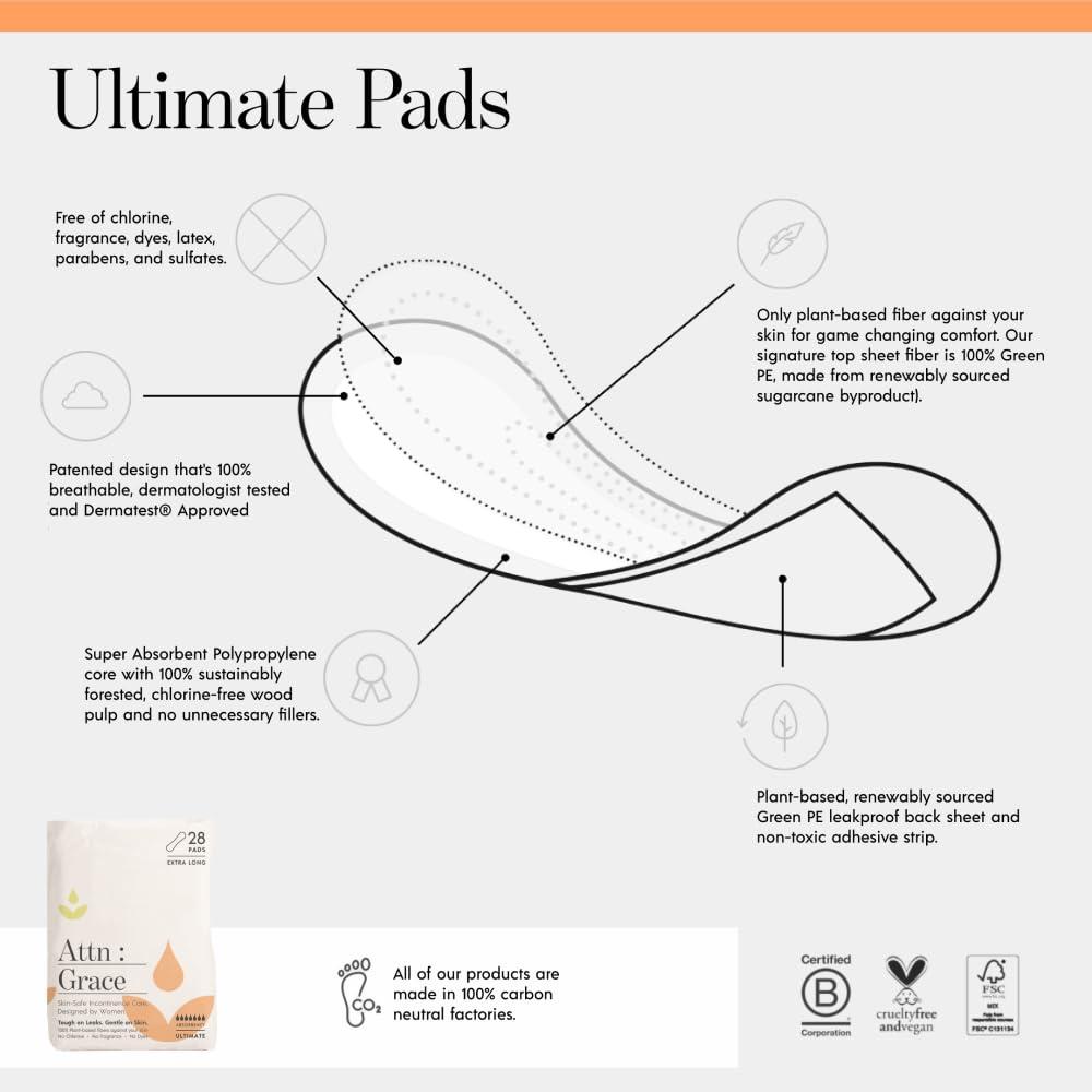 ATTN : GRACE Attn: Grace Moderate and Ultimate Incontinence Pads for Women (28 Pads in Each Pack) - High Absorbency Sensitive Skin Protection for Bladder Leakage or Postpartum/Discreet, Breathable, & Plant-Based