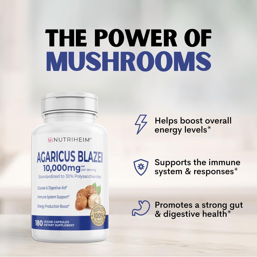 Nutriheim Nutriheim Agaricus Blazei Organic Mushroom Extract for Immune & Energy Support - 30% Polysaccharides & 180 Veggie Capsules - Non-GMO, Gluten-Free, Vegan-Friendly Supplement