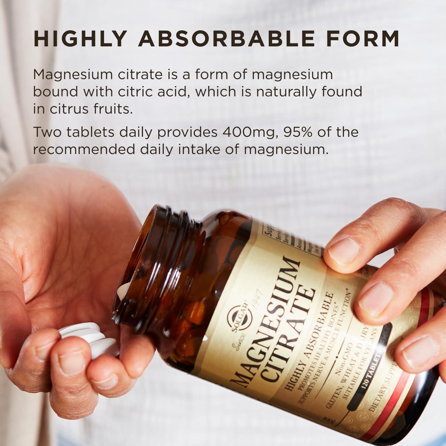 Solgar Solgar Magnesium Citrate, 120 Tablets - Promotes Healthy Bones - Supports Nerve & Muscle Function - Non GMO, Vegan, Gluten Free, Dairy Free, Kosher - 60 Servings