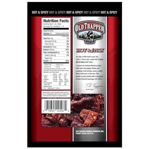 Old Trapper Old Trapper Beef Jerky, Hot & Spicy Flavor, 1.8-Ounce Individual Packs, Great Size for Quick Snacking, 11 Grams of Protein and 70 Calories Per Serving (Pack of Six)
