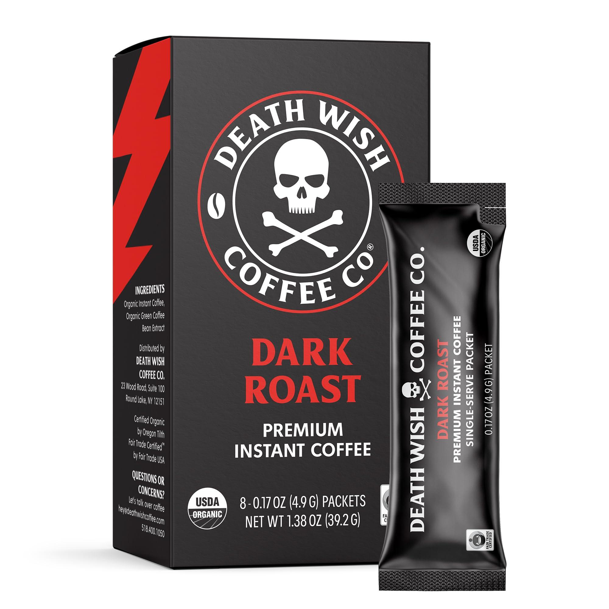 Death Wish Coffee Co. Death Wish Coffee Instant Dark Roast Coffee Packets, Bold & Intense Blend of Arabica & Robusta Beans, USDA Organic, 8 Count