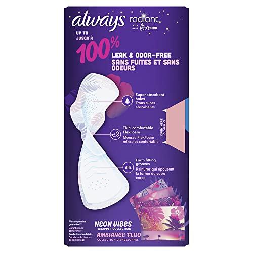 Always Always Radiant FlexFoam Pads for Women, Size 5, Extra Heavy Overnight Absorbency, 100% Leak & Odor Free Protection is Possible, with Wings, Scented, 26 Count