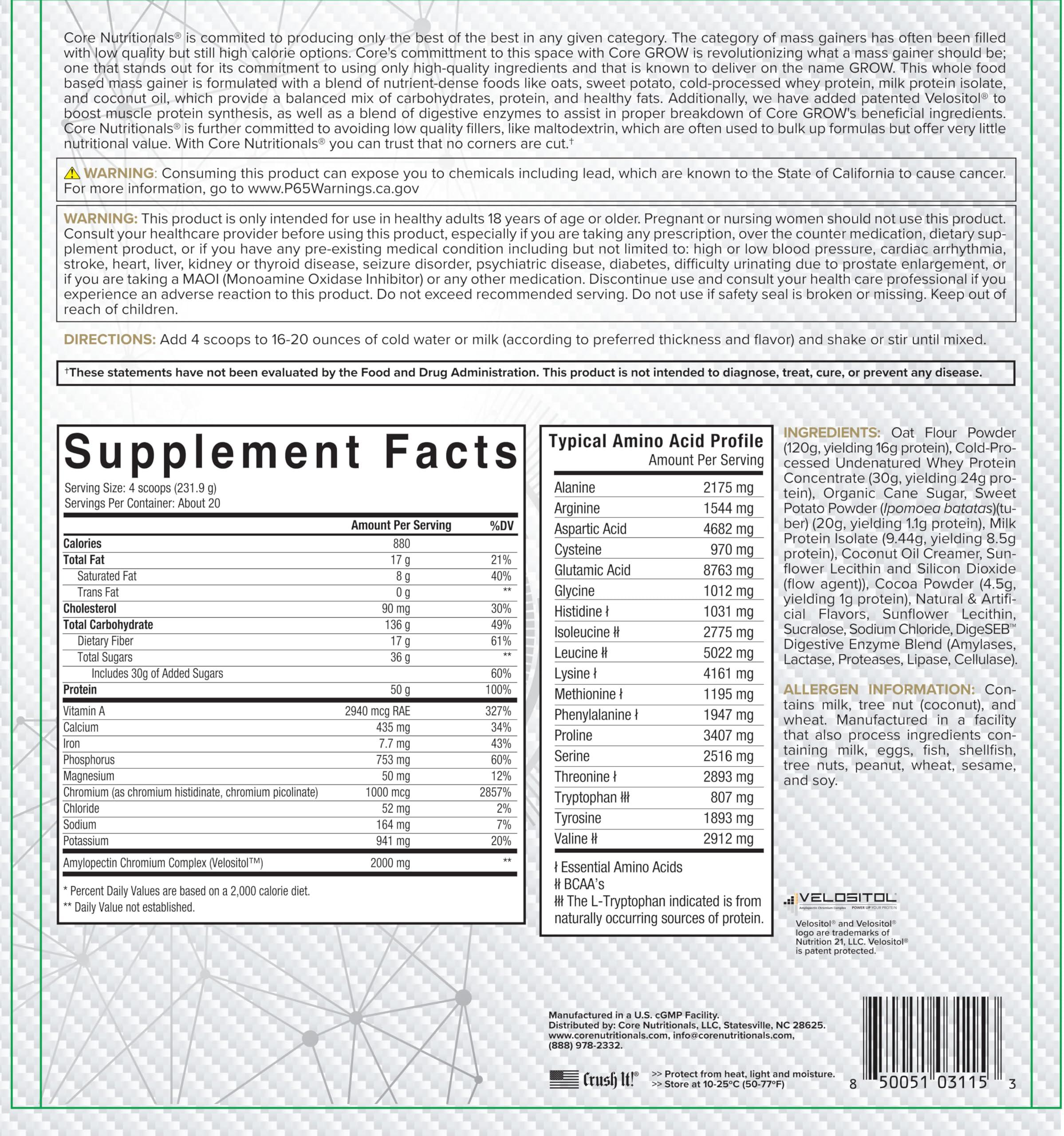 Core Nutritionals Core Nutritionals Grow Whole Food Based Mass Gainer, 50G Protein, 880 Calories, 10 lbs (Cookies N\' Cream)