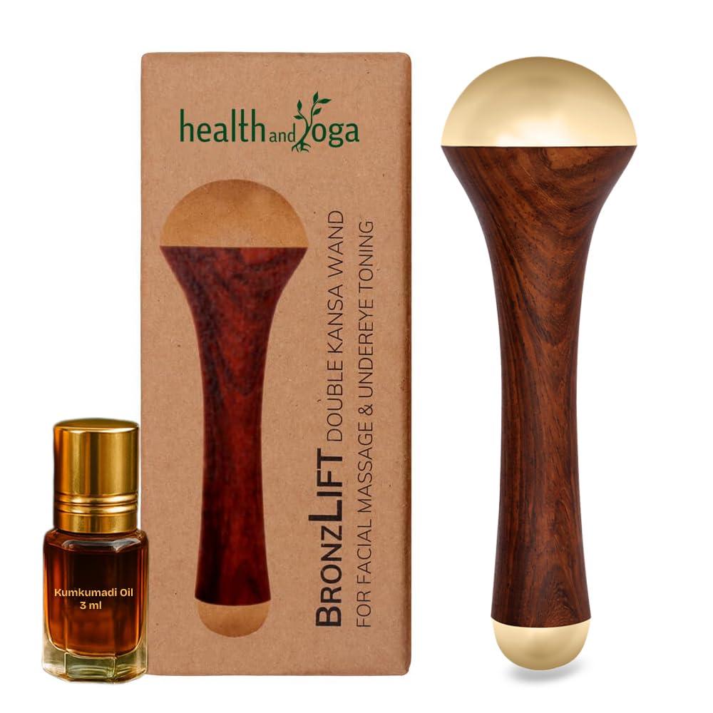 SoulGenie HealthAndYoga BronzLift Kansa Wand - Both Side Bronze Cap - Added Beauty Face Oil Vial - Ayurveda Face Yoga Beauty Tool - Facial, Neck & Under-Eye Massage Toning and Sculpting (Double Dome)