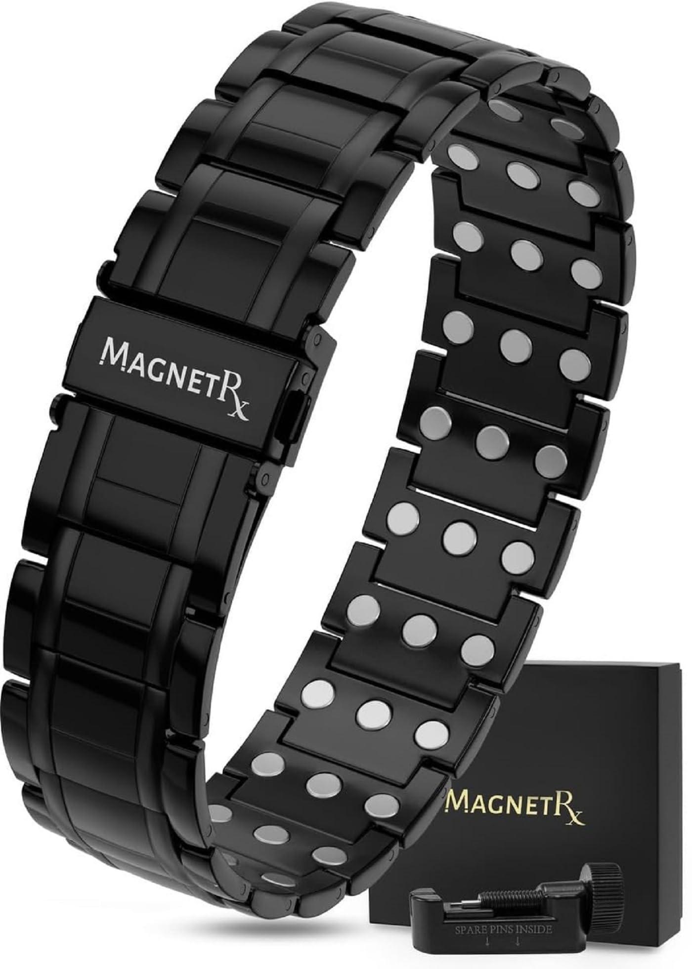 MagnetRX MagnetRX 3X Strength Magnetic Bracelets for Men Effective Titanium Mens Magnetic Bracelet Premium Fold-Over Clasp & Adjustable Length with Sizing Tool & Gift Box (Black)