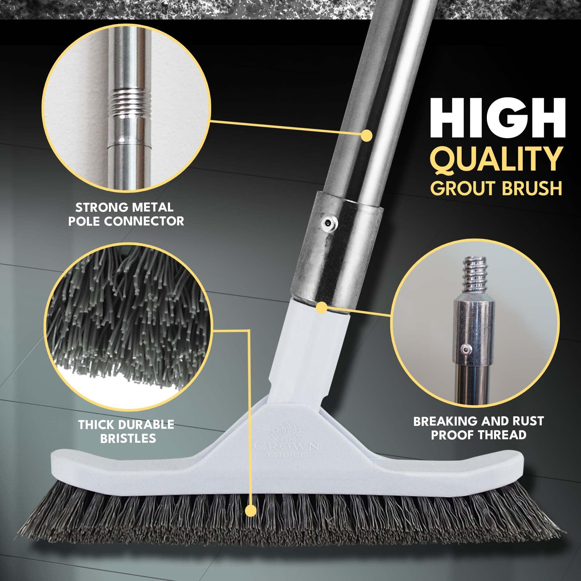 The Crown Choice Grout Brush with Long Handle - Heavy Duty Cleaner & Grout Scrubber Tool - Deep Cleaning Hard Wood, Tile, Floors - Handled Bathtub and Shower Scrub - Cleaning Brushes and Supplies for Bathroom Kitchen