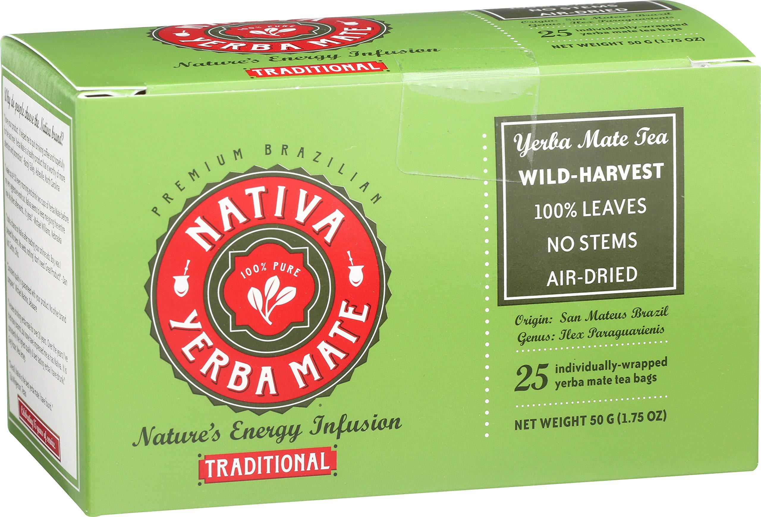 NATIVA YERBA MATE 100% PURE Nativa Yerba Mate Pack - 25 Yerba Mate Tea Bags - Individually Wrapped Bags (Pack of 2)