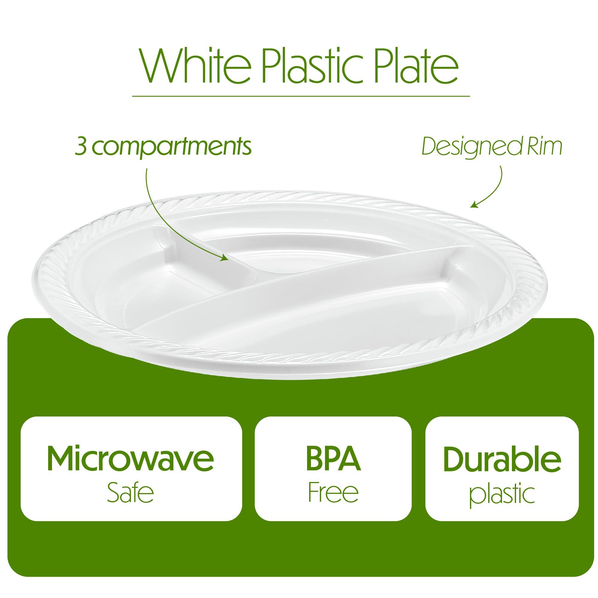 PLASTICPRO PLASTICPRO 9 inch Round Plastic Plates 3 Compartment - 3 Section Plates Microwaveable, Disposable, White, Dinnerware 100 Count