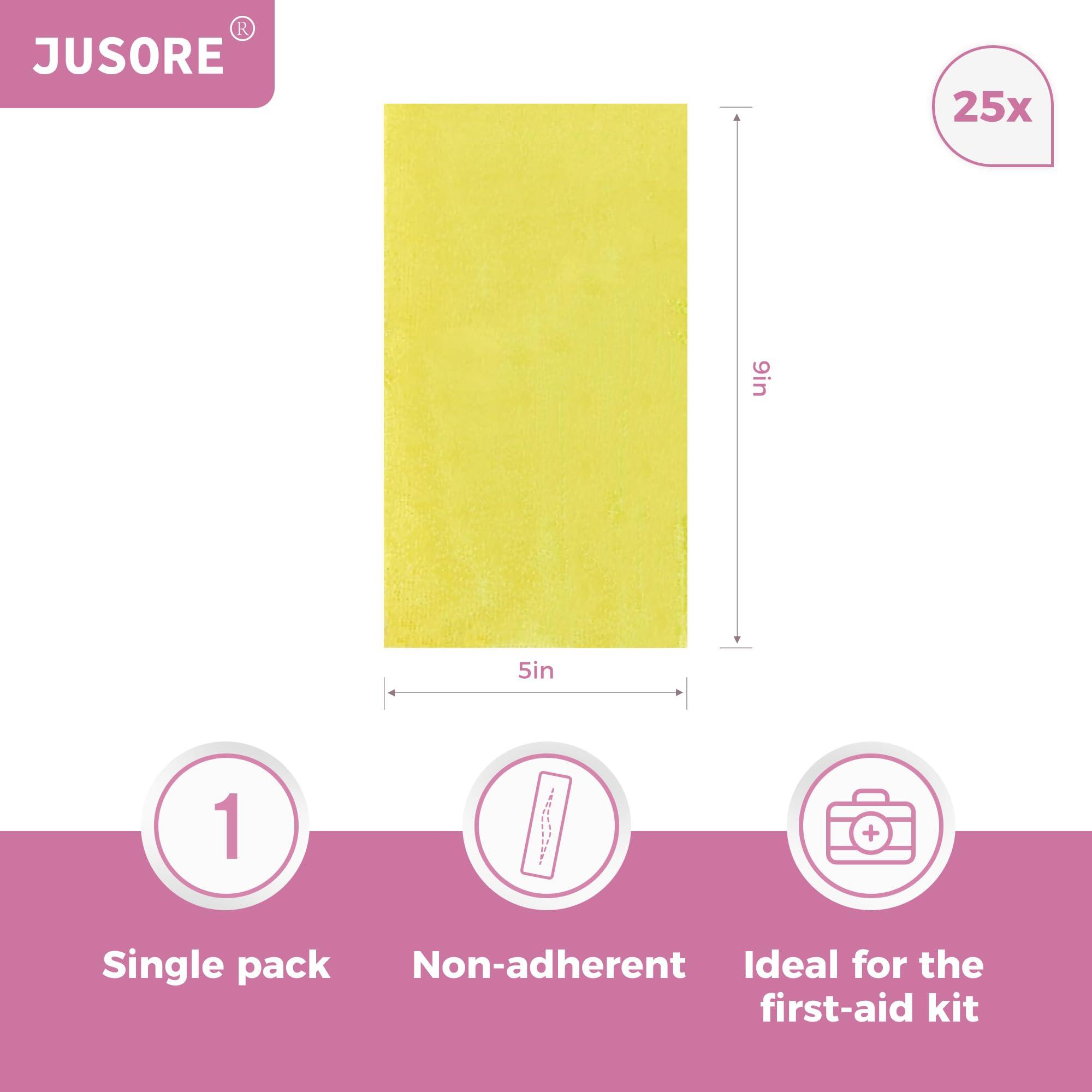 JUSORE JUSORE Xeroform Petrolatum Dressing Gauze 5"x9" - 25 Individual Pack, Non Stick Gauze Pads, Soft Mesh Xeroform Would Dressing for Wound Care, Surgical Incisions, Burns, Lacerations & Skin Grafts