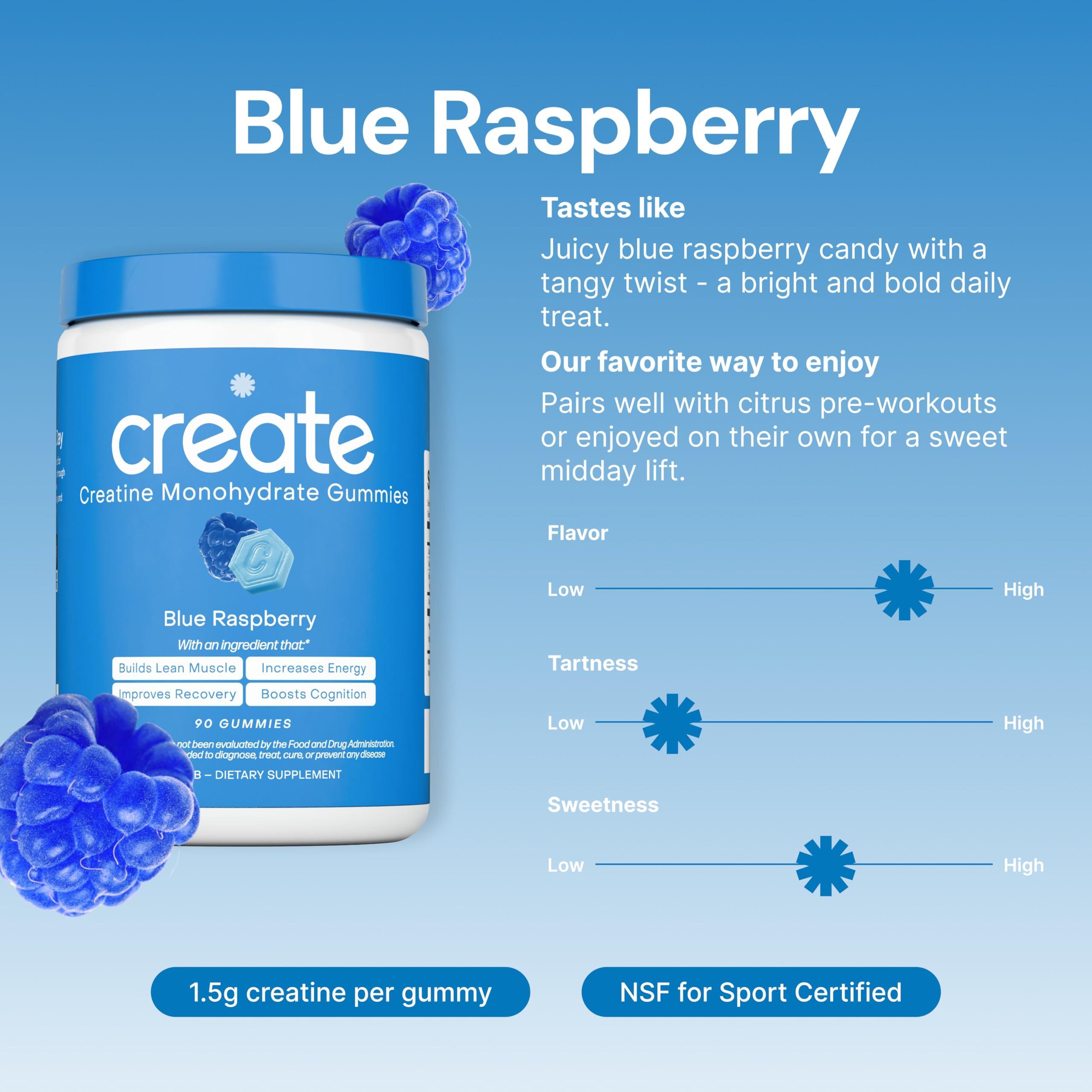 Create Create Creatine Monohydrate Gummies for Men & Women, Boost Focus, Strength, and Endurance, Anti-Melting Formula, Vegan, Gluten-Free, Non-GMO, 1.5g of Creatine per Gummy (Blue Raspberry, 90ct)