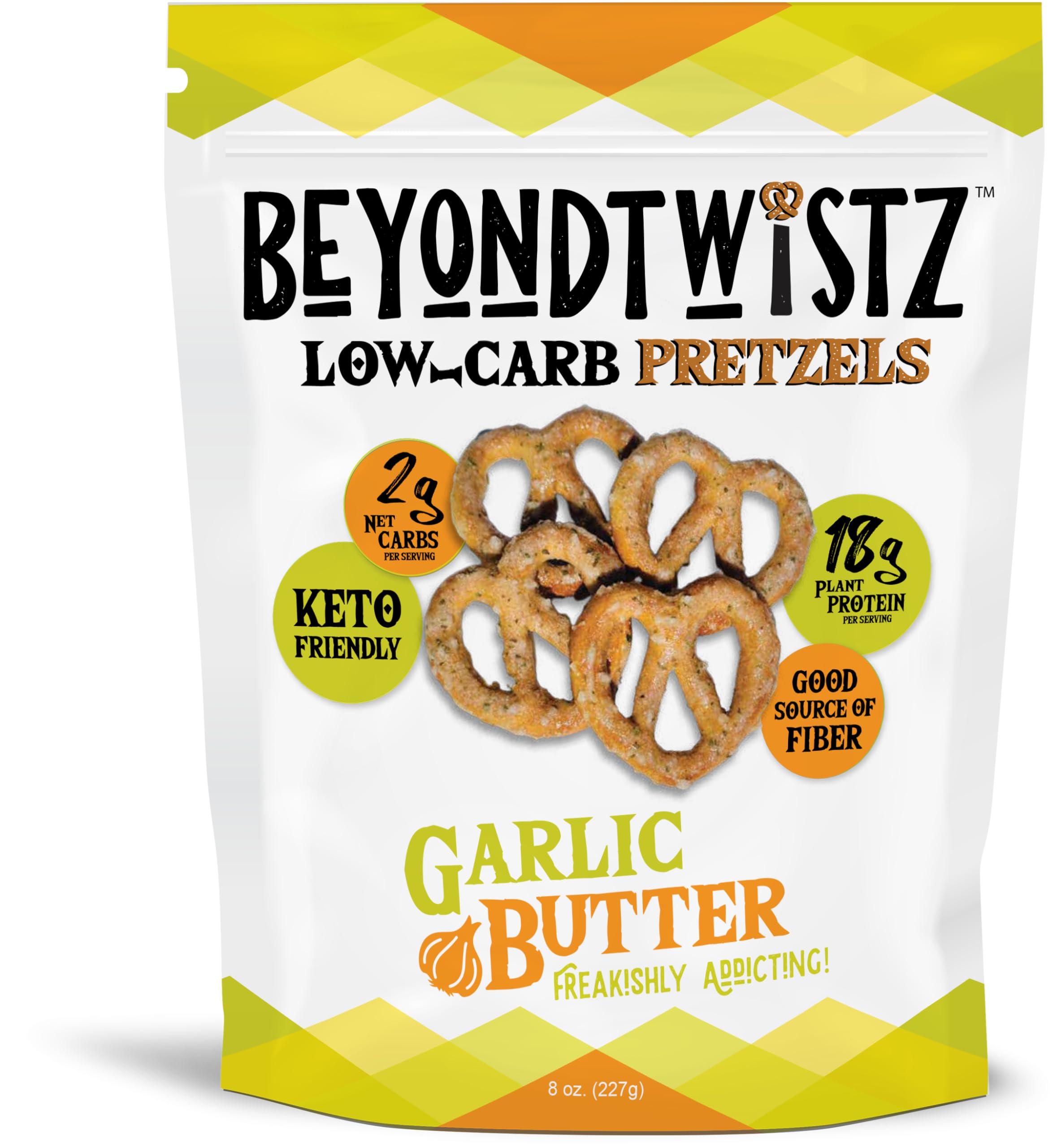 BeyondChipz BeyondTwistz Low Carb Pretzels, Garlic Butter, Keto Friendly, 2g Net Carbs, 18g Protein, Powered By HealthSense High Fiber Wheat Flour, Family Size 8oz Bag, Pack of 3