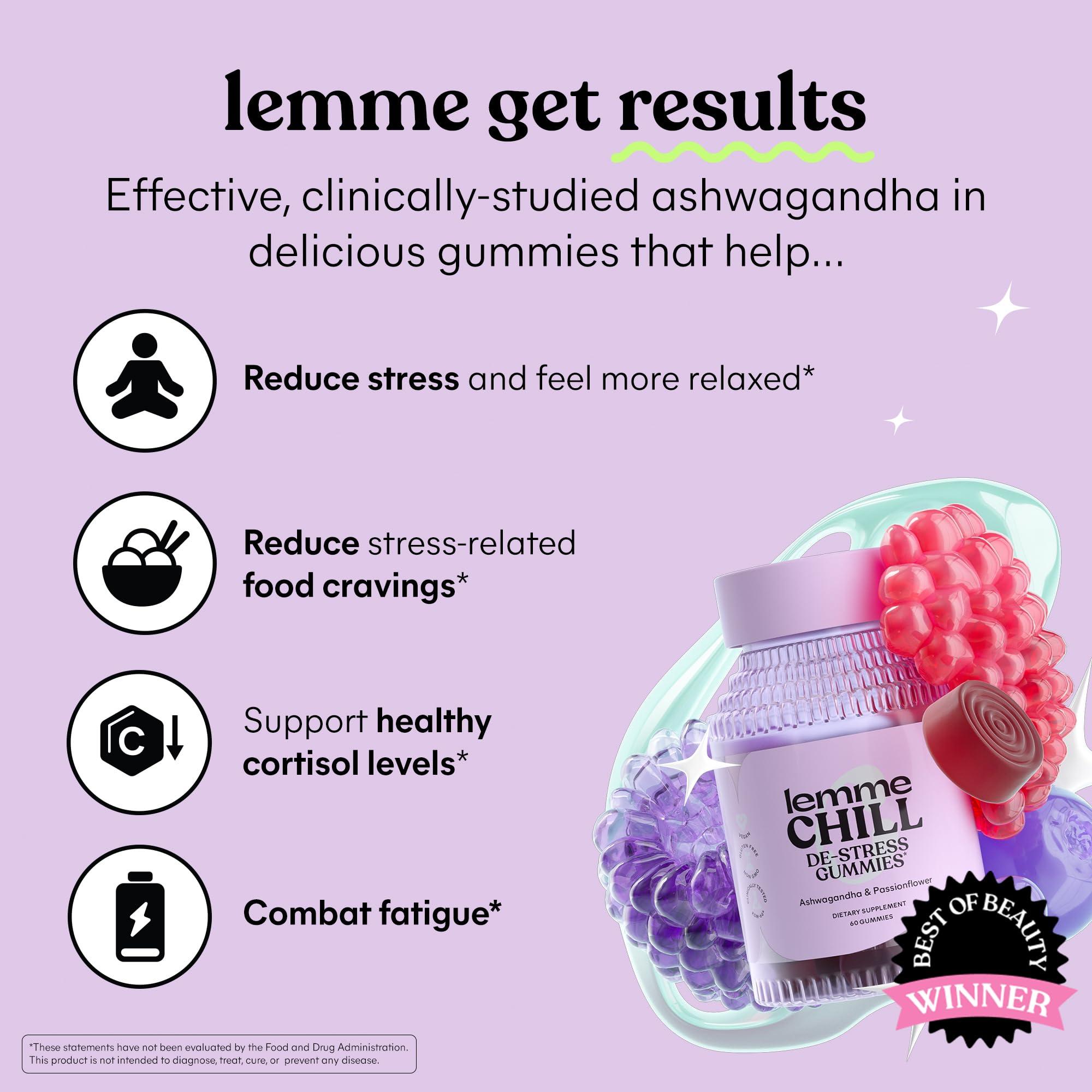 Lemme Lemme Chill Stress Relief Gummies with 300mg KSM-66 Ashwagandha, Lemon Balm, Passionflower & Goji to Support Relaxation, Healthy Cortisol & Sleep - Vegan, Gluten-Free, Non-GMO, Mixed Berry (60 Count)