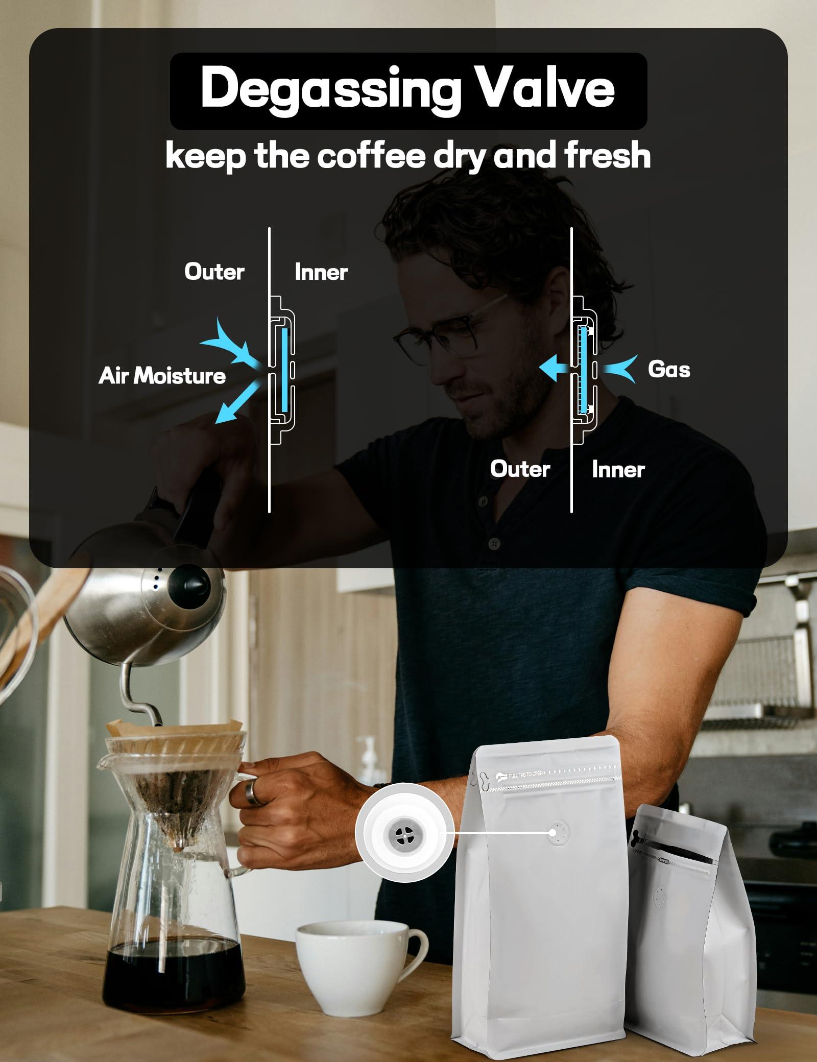 FireKylin 50 PCS Coffee Bags with Valve, (16 oz, 1 lb) Stand Up Pouches, Resealable coffee bean bags, Vented food storage bags Side Zipper(White)