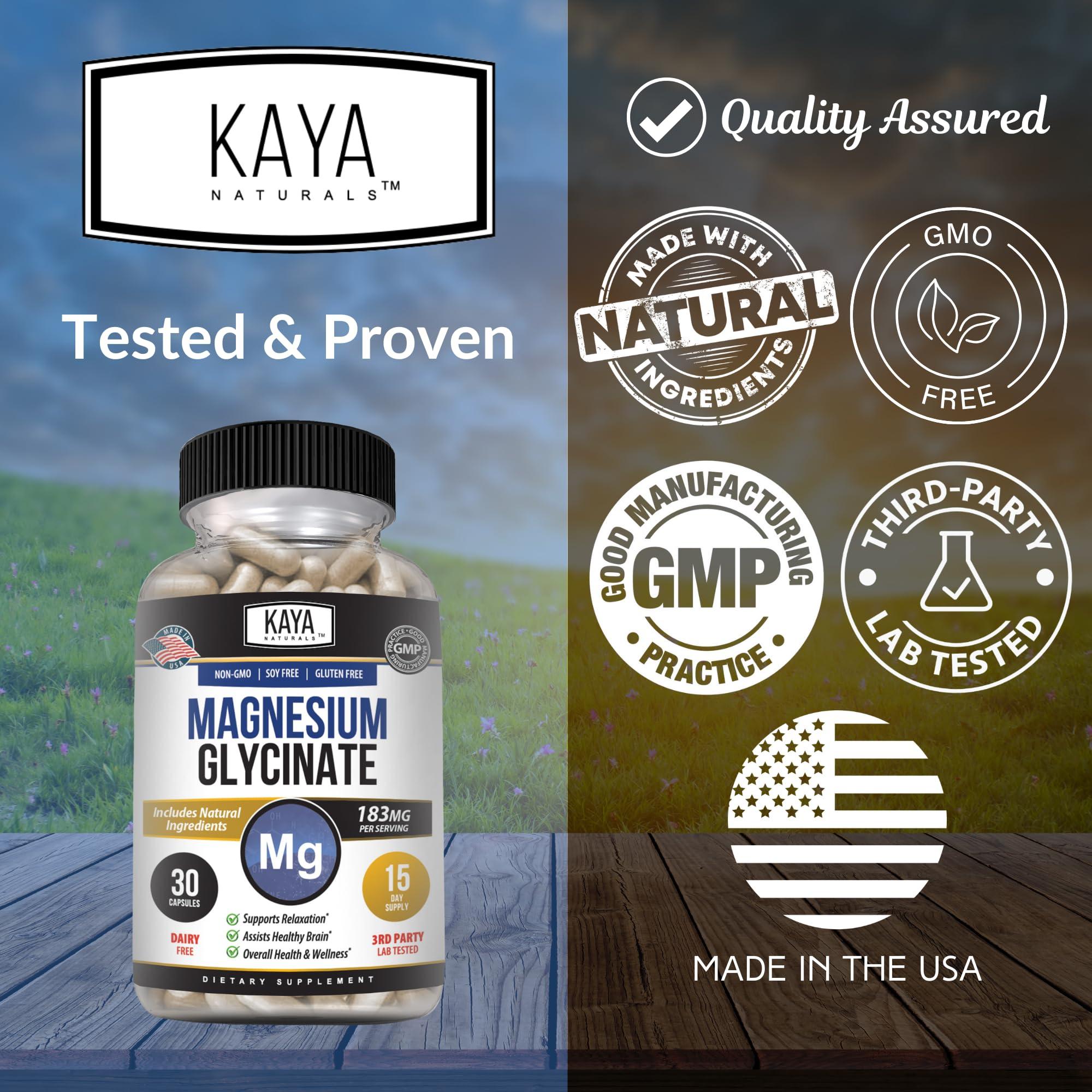 Kaya Naturals Kaya Naturals Magnesium Glycinate 183mg per Caps, Chelated for Maximum Absorption, Non-GMO, NO Gluten Dairy & Soy, Supports Muscle, Joint, and Heart Health (30 Count (Pack of 1))