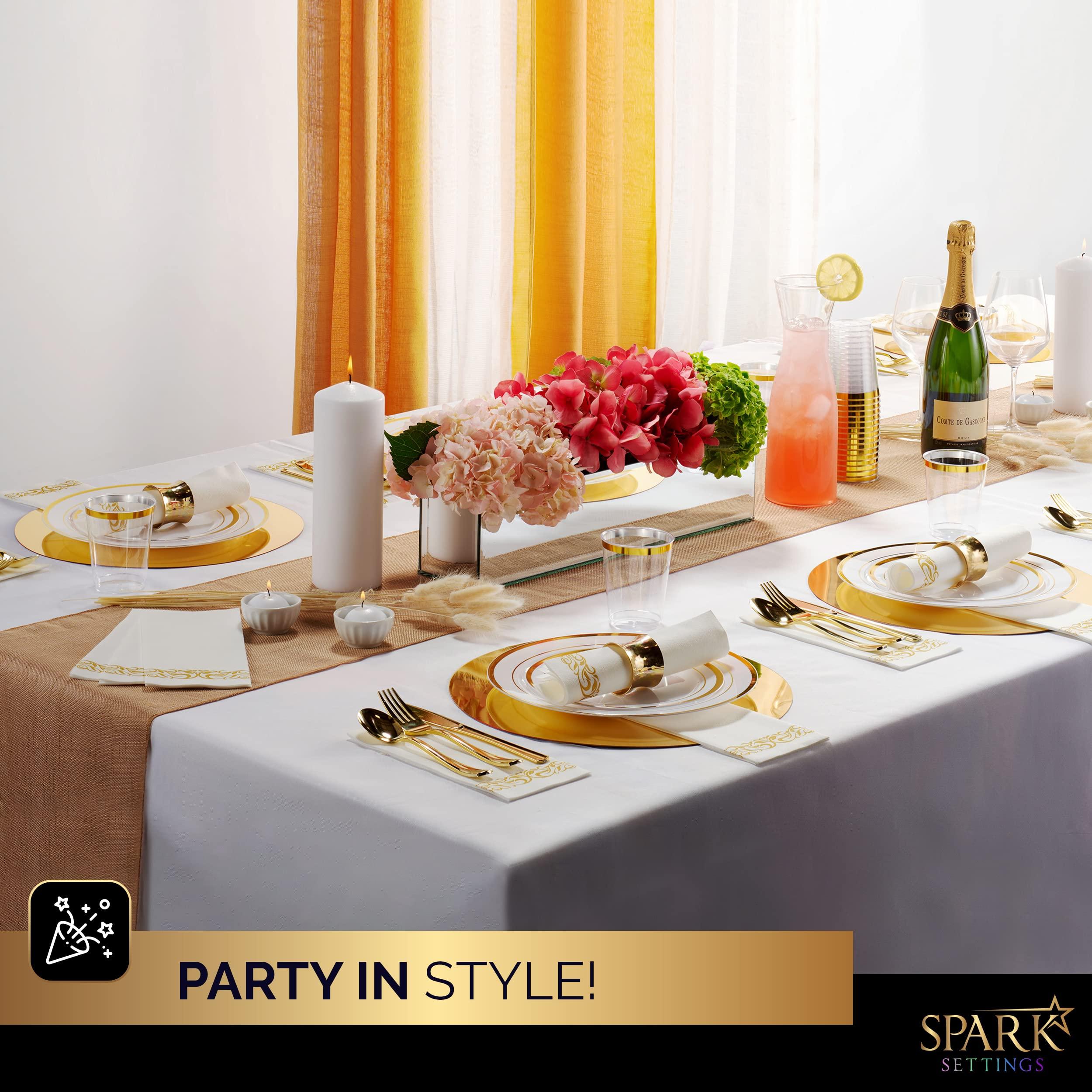 SparkSettings Silver Plastic Plates For Party - Silver Plastic Silverware - 350 PC Wedding Dinnerware Set For 50 Guests,100 Silver Plastic Party Plates, 50 Cups, 50 Silver Cutlery Sets & 50 Napkins-By SparkSettings