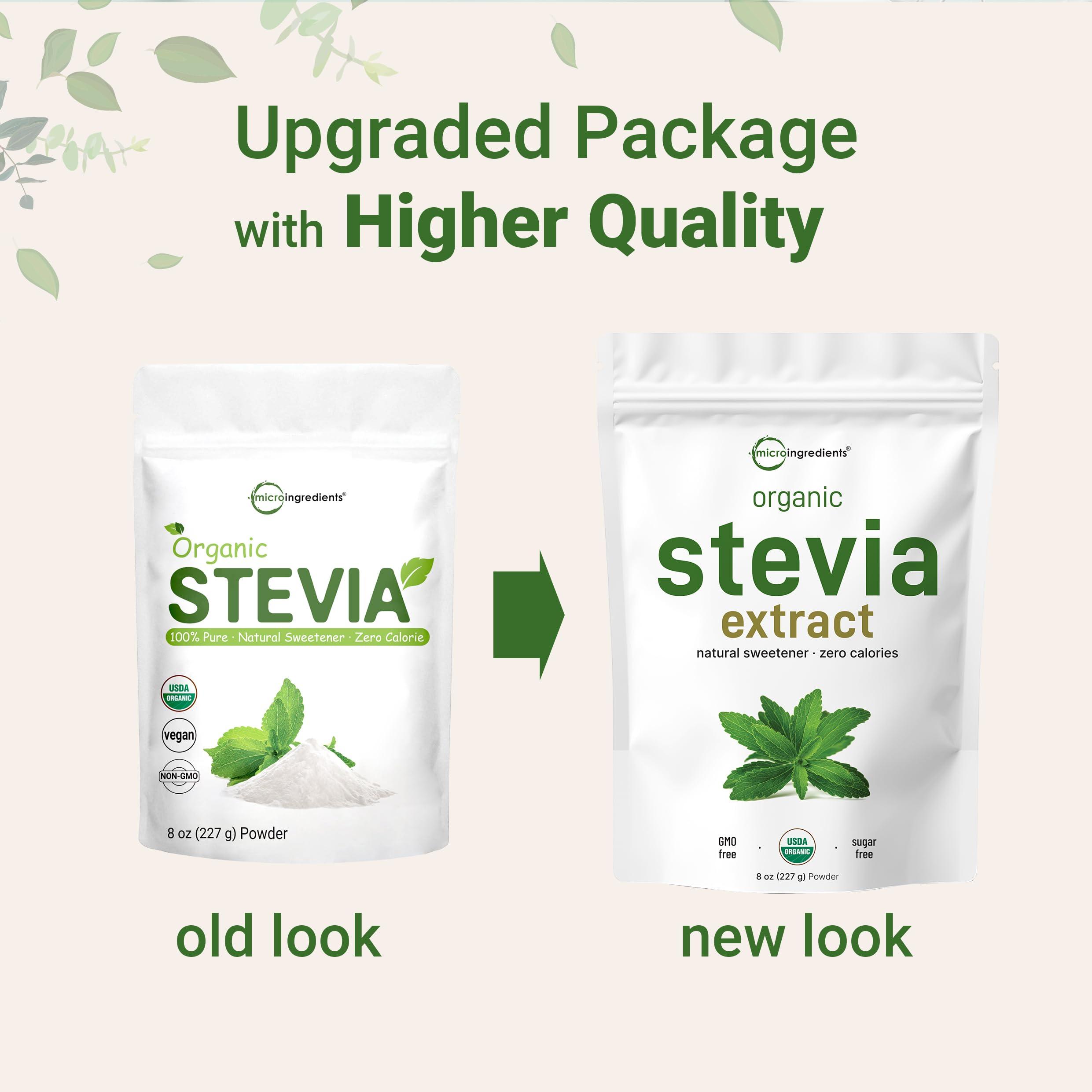 Micro Ingredients Pure Organic Stevia Powder, 8 Ounces, 1418 Serving, High Grade Stevia Green Leaf Extract Reb-A, Reduced Bitter Aftertaste, 0 Calorie, Natural Sweetener, Sugar Alternative, Keto Friendly